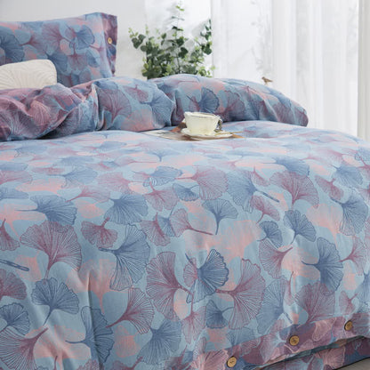 Set di biancheria da letto in cotone con bottoni e foglie di ginkgo (4 pezzi)