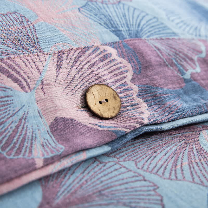 Set di biancheria da letto in cotone con bottoni e foglie di ginkgo (4 pezzi)