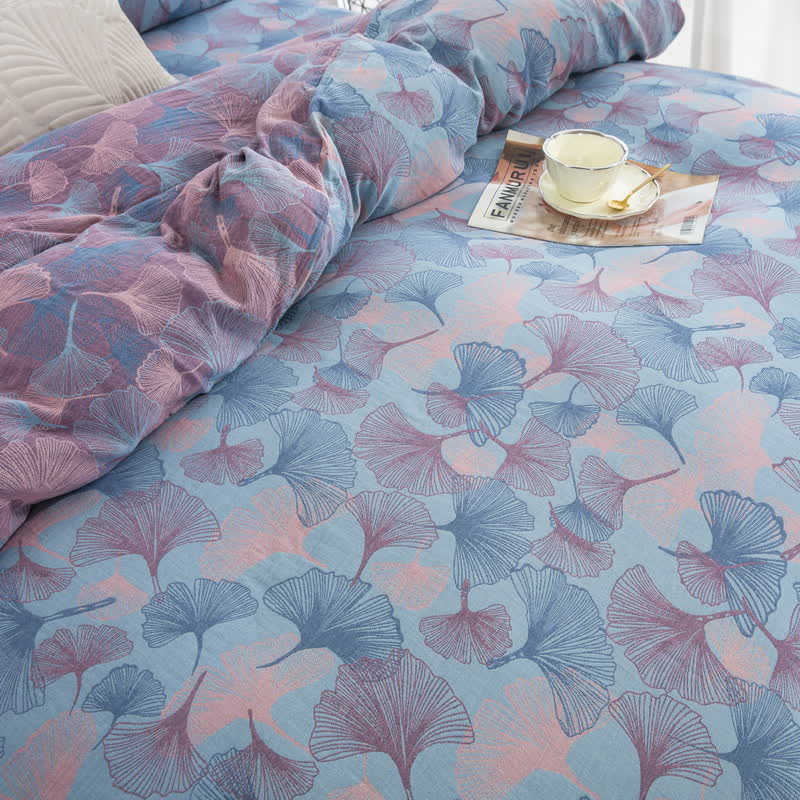 Set di biancheria da letto in cotone con bottoni e foglie di ginkgo (4 pezzi)