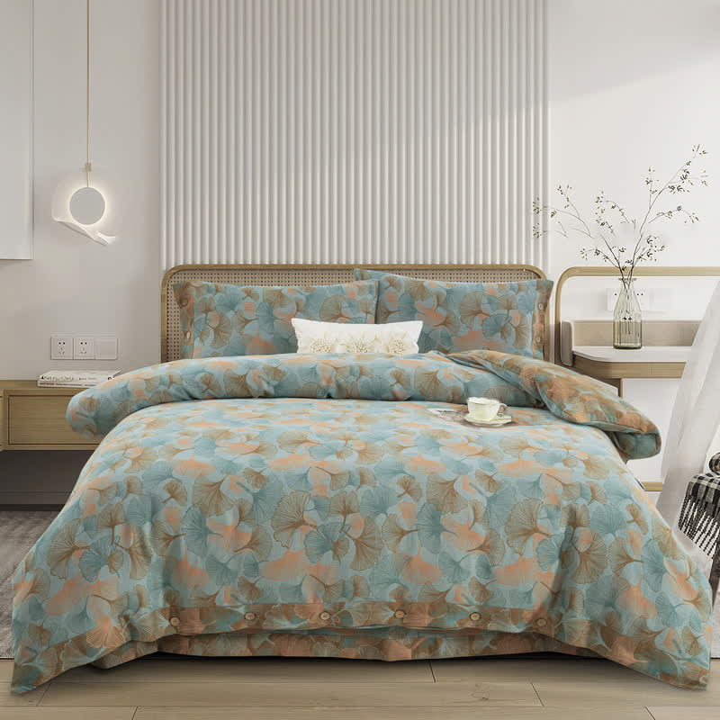 Set di biancheria da letto in cotone con bottoni e foglie di ginkgo (4 pezzi)