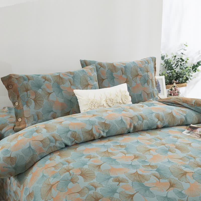 Set di biancheria da letto in cotone con bottoni e foglie di ginkgo (4 pezzi)