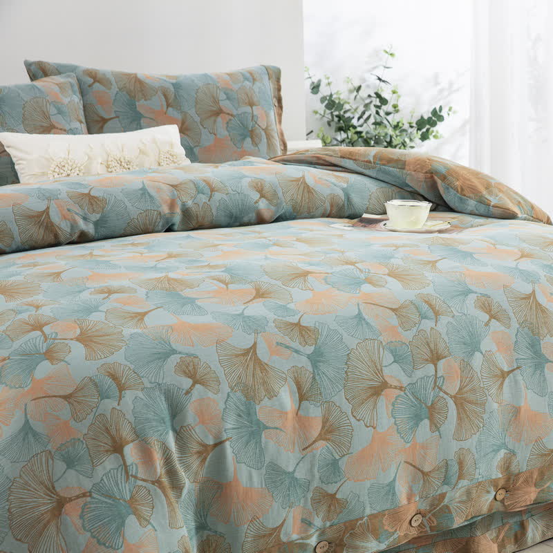 Set di biancheria da letto in cotone con bottoni e foglie di ginkgo (4 pezzi)