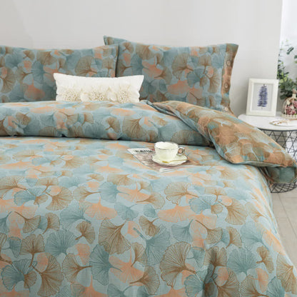 Set di biancheria da letto in cotone con bottoni e foglie di ginkgo (4 pezzi)