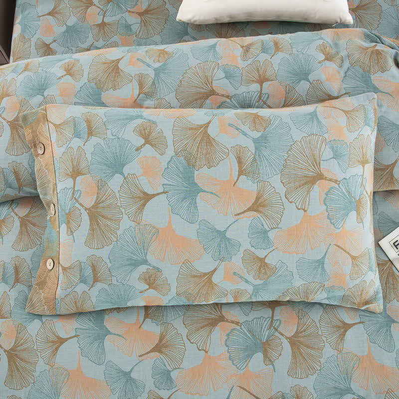 Set di biancheria da letto in cotone con bottoni e foglie di ginkgo (4 pezzi)