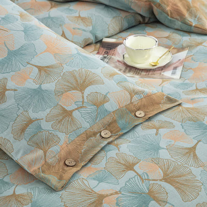 Set di biancheria da letto in cotone con bottoni e foglie di ginkgo (4 pezzi)