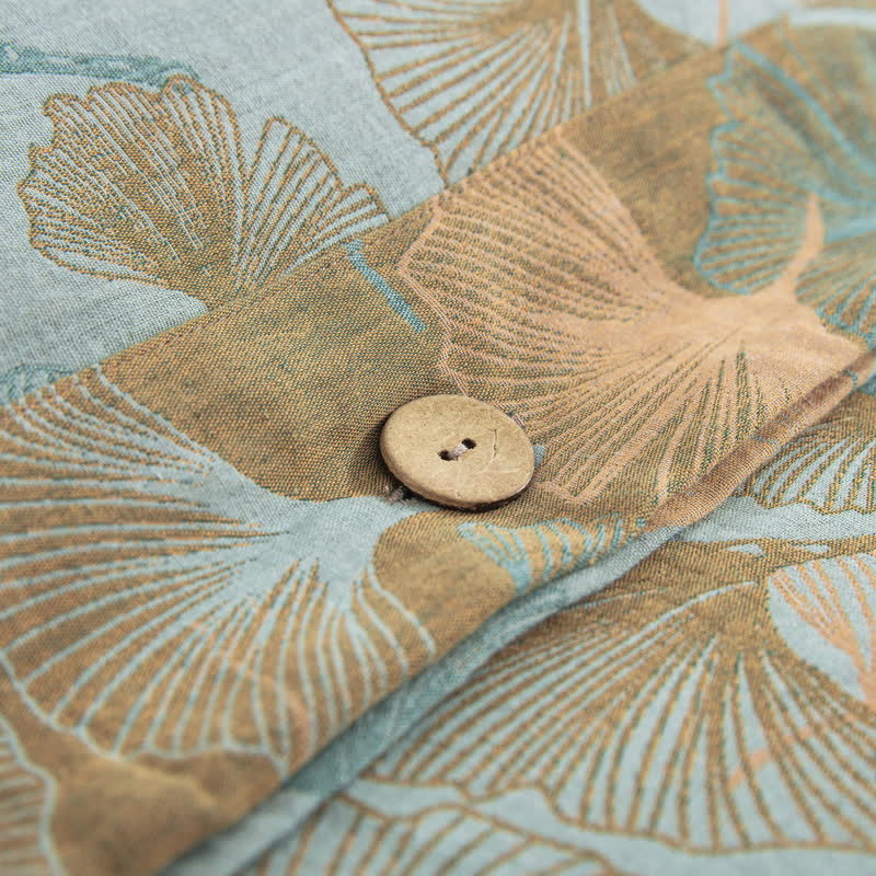 Set di biancheria da letto in cotone con bottoni e foglie di ginkgo (4 pezzi)