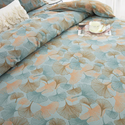 Set di biancheria da letto in cotone con bottoni e foglie di ginkgo (4 pezzi)
