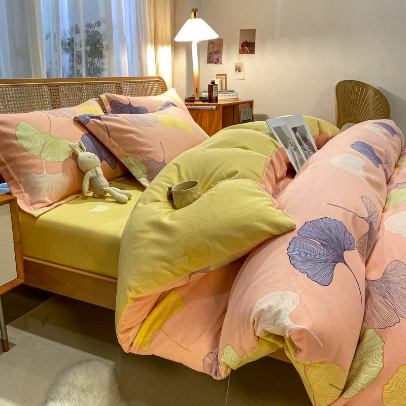 Biancheria da letto in cotone spazzolato con motivo pastorale a foglie di ginkgo