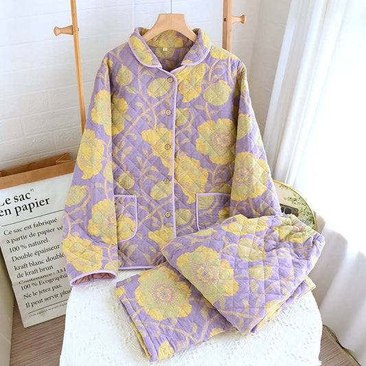 Pigiama in cotone trapuntato con motivo floreale jacquard