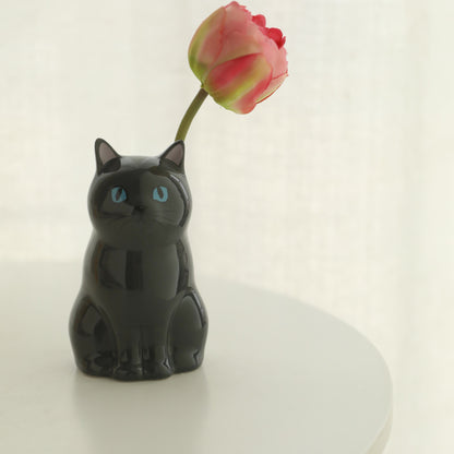 Portapenne in ceramica a forma di gatto dipinto a mano