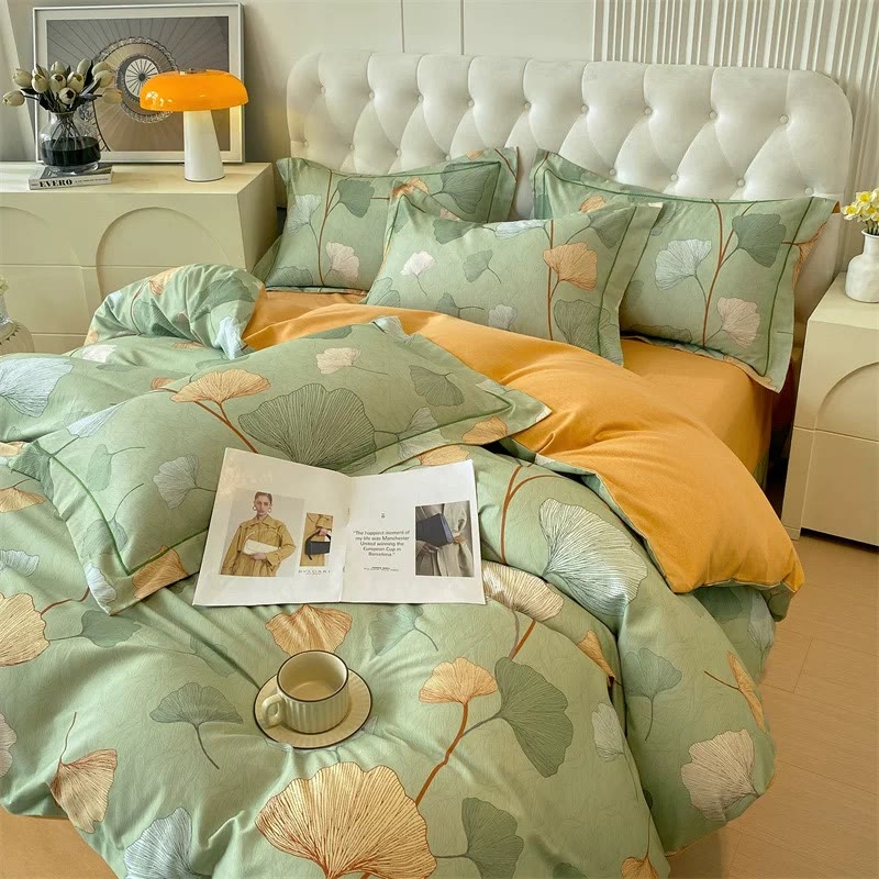 Set di biancheria da letto in cotone spazzolato con foglie di ginkgo (4 pezzi)