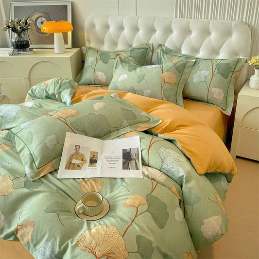 Set di biancheria da letto in cotone spazzolato con foglie di ginkgo (4 pezzi)