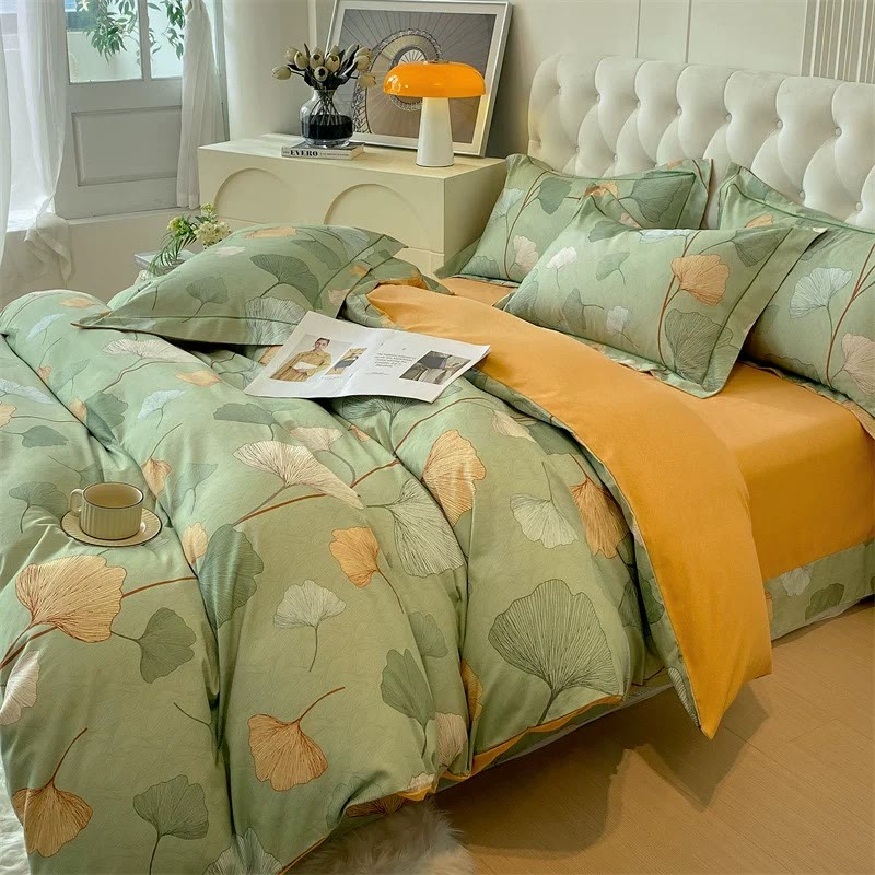 Set di biancheria da letto in cotone spazzolato con foglie di ginkgo (4 pezzi)