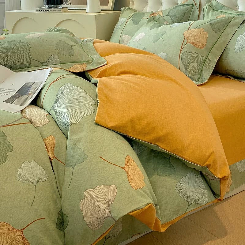 Set di biancheria da letto in cotone spazzolato con foglie di ginkgo (4 pezzi)