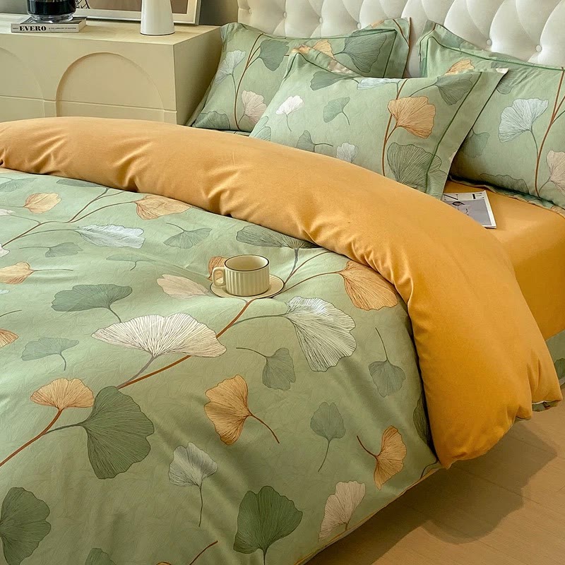Set di biancheria da letto in cotone spazzolato con foglie di ginkgo (4 pezzi)