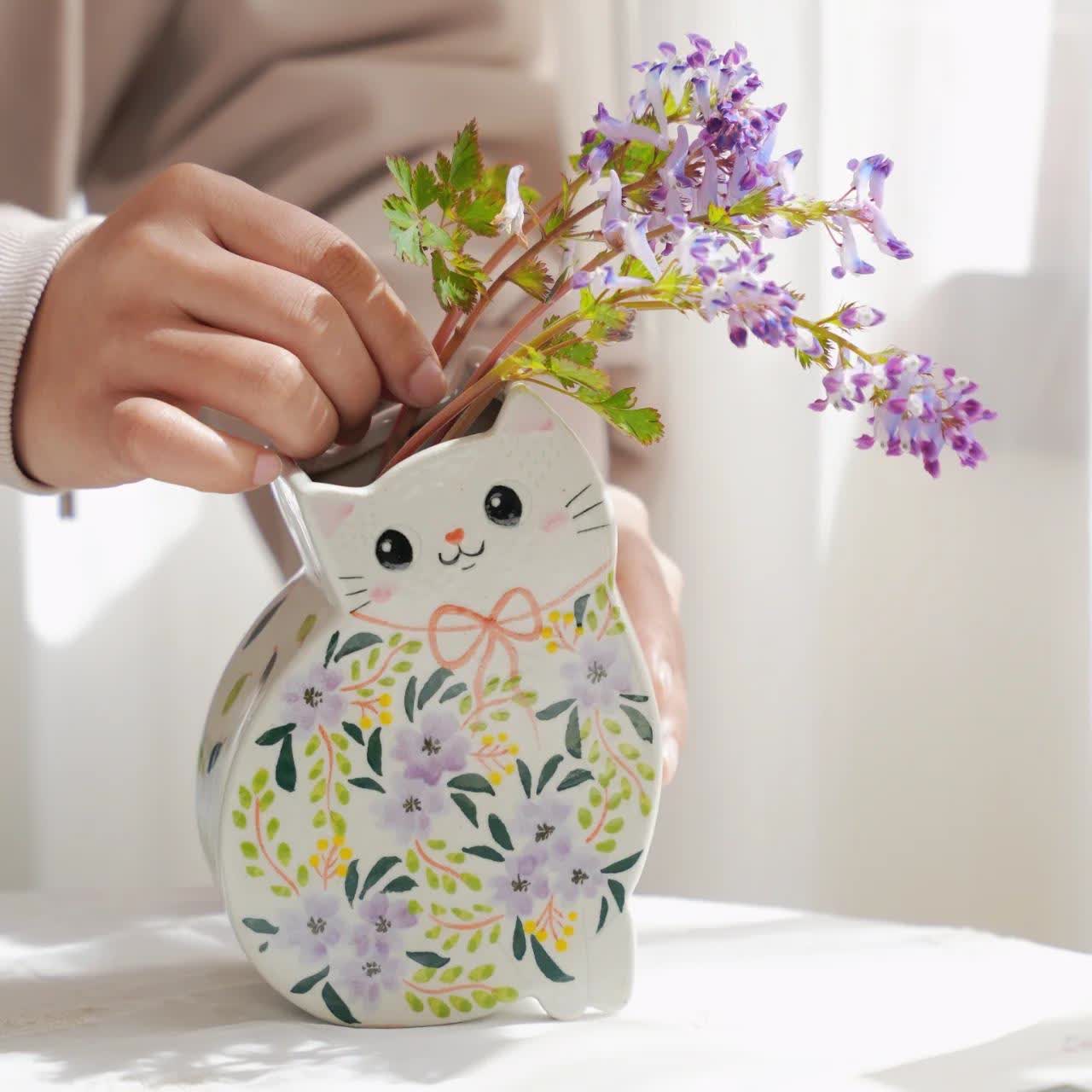 Vaso creativo in ceramica a forma di gatto dipinto a mano
