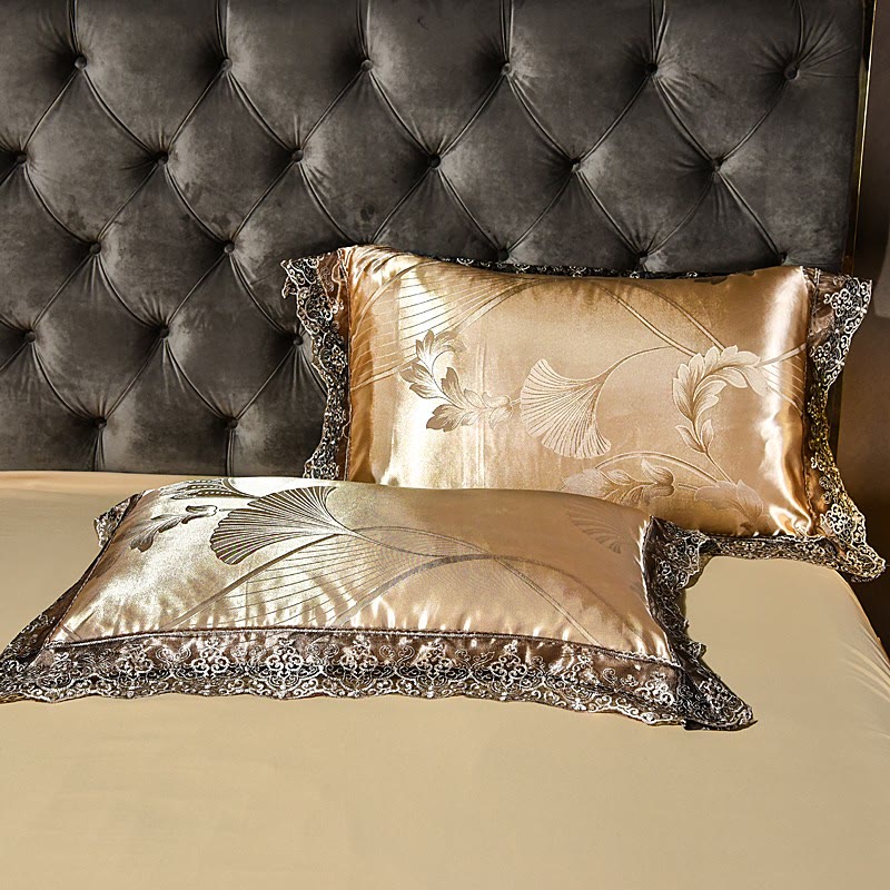 Set di biancheria da letto con gonna in raso e foglie di ginkgo (4 pezzi)