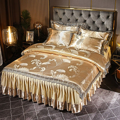 Set di biancheria da letto con gonna in raso e foglie di ginkgo (4 pezzi)