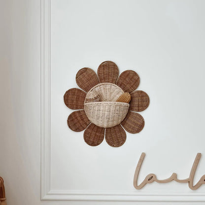 Cestino da parete in rattan intrecciato a forma di girasole
