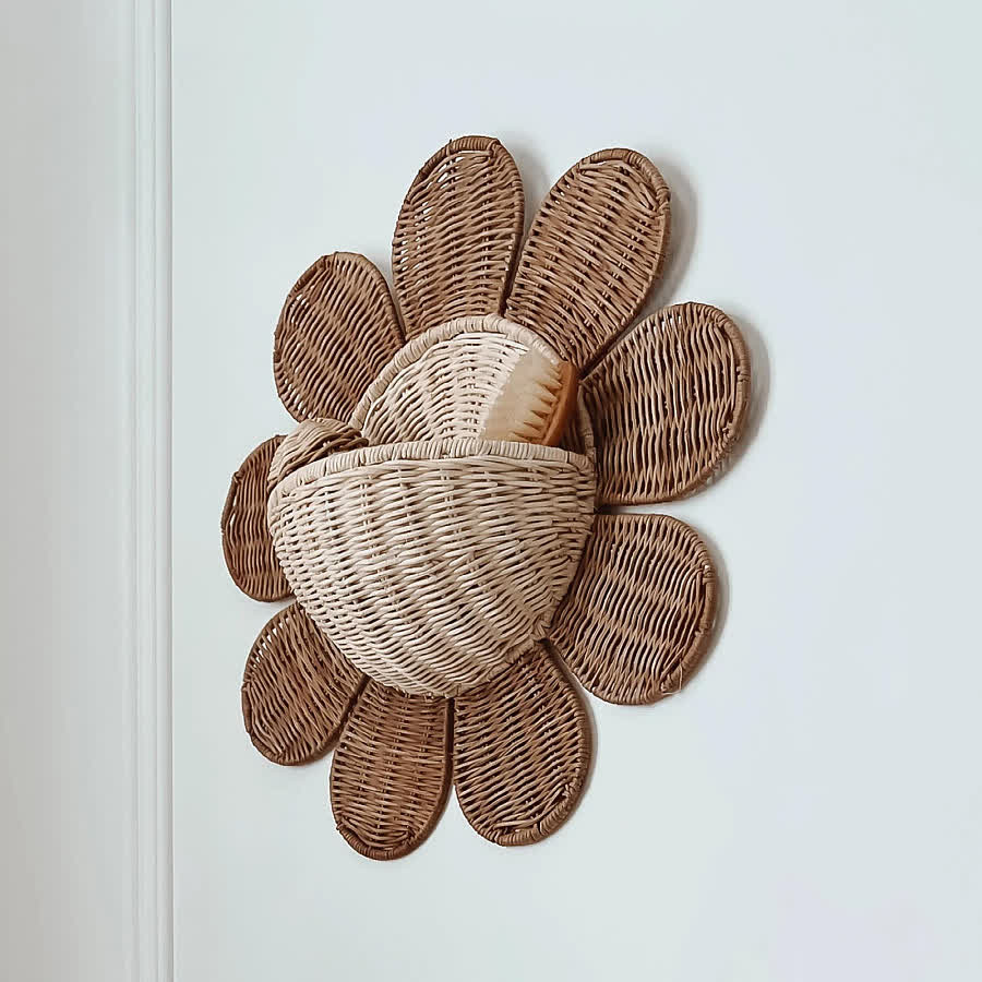 Cestino da parete in rattan intrecciato a forma di girasole