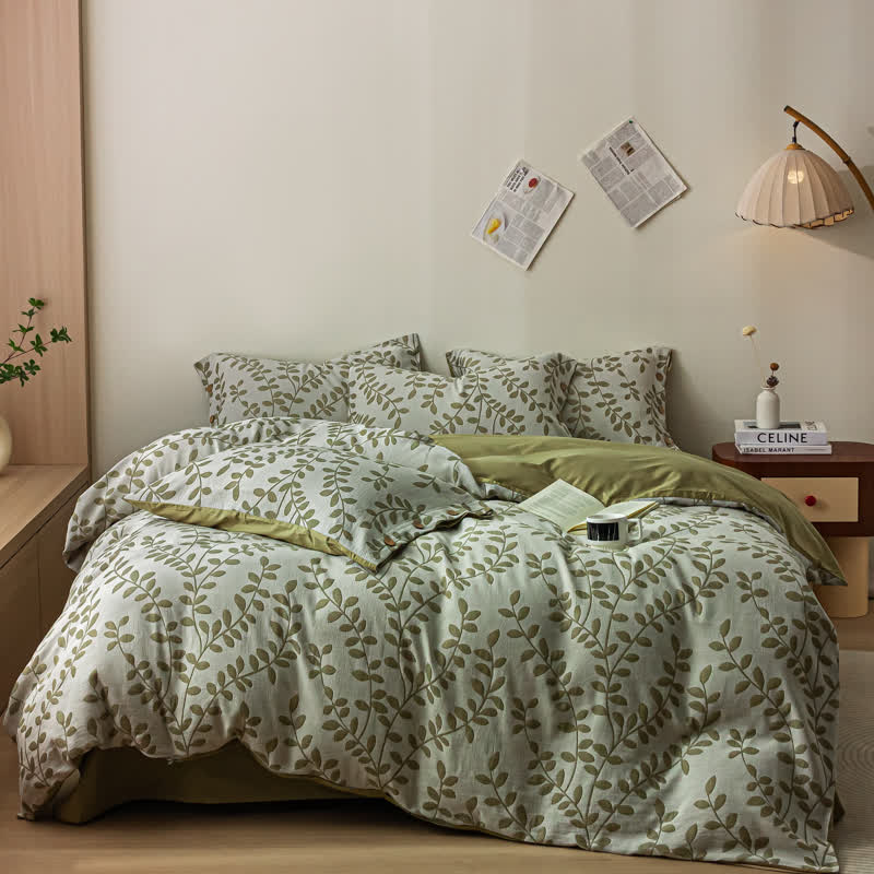 Set di federe in cotone con bottoni e foglie verdi (4 pezzi)