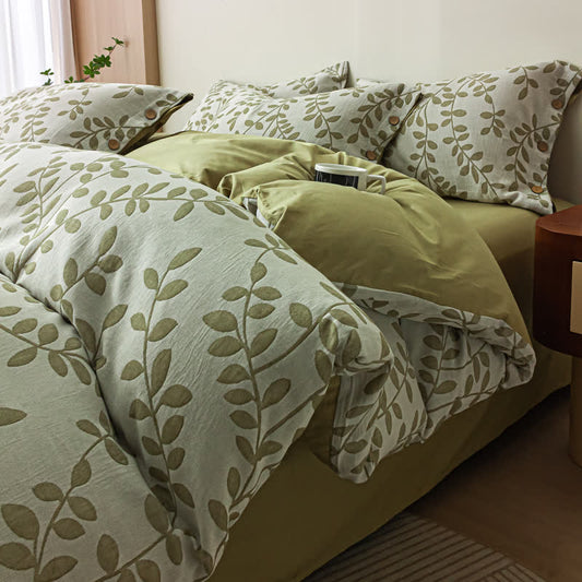 Set di federe in cotone con bottoni e foglie verdi (4 pezzi)