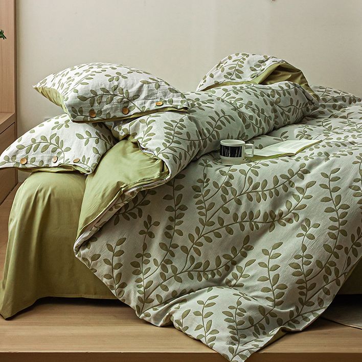 Set di federe in cotone con bottoni e foglie verdi (4 pezzi)