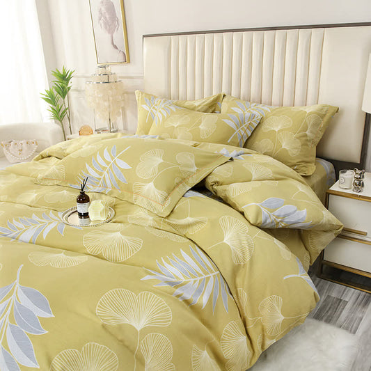Set di biancheria da letto in cotone morbido con foglie di ginkgo pastorale (4 pezzi)