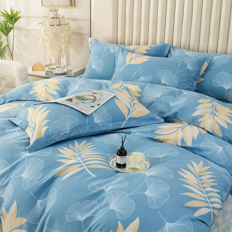 Set di biancheria da letto in cotone morbido con foglie di ginkgo pastorale (4 pezzi)