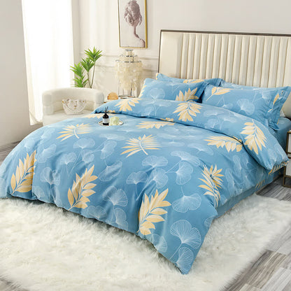 Set di biancheria da letto in cotone morbido con foglie di ginkgo pastorale (4 pezzi)
