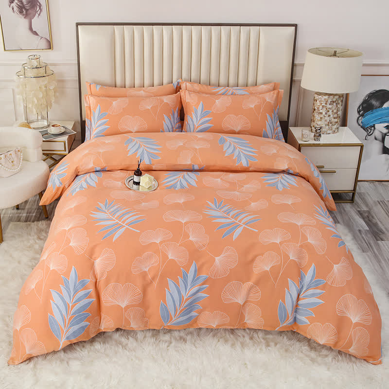 Set di biancheria da letto in cotone morbido con foglie di ginkgo pastorale (4 pezzi)