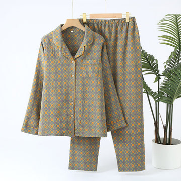 Completo da notte in cardigan di garza di cotone vintage - Grigio e giallo - XL - image 0