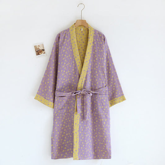Accappatoio Kimono in Garza di Cotone Floreale Jacquard