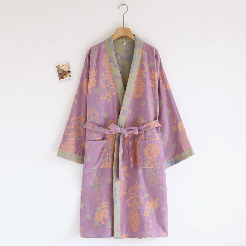 Accappatoio Kimono in garza di cotone floreale Jacquard