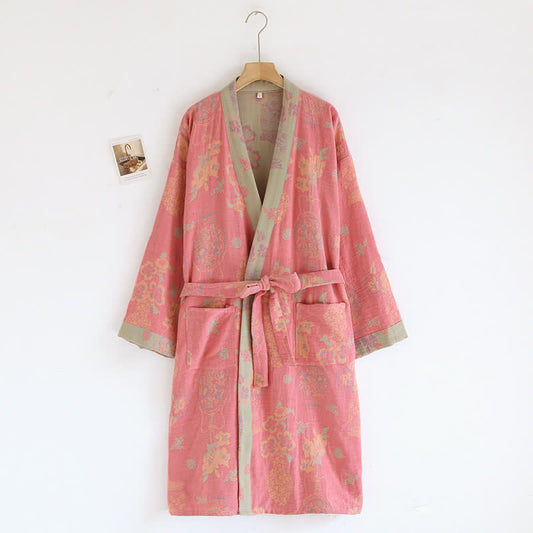 Accappatoio Kimono in garza di cotone floreale Jacquard