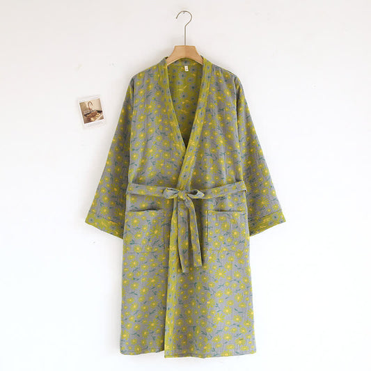 Accappatoio Kimono in Jacquard di Cotone con Margherite