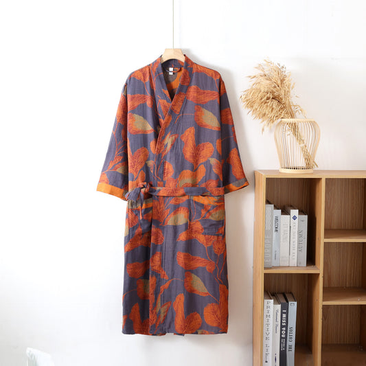Accappatoio morbido in garza di cotone con foglie jacquard
