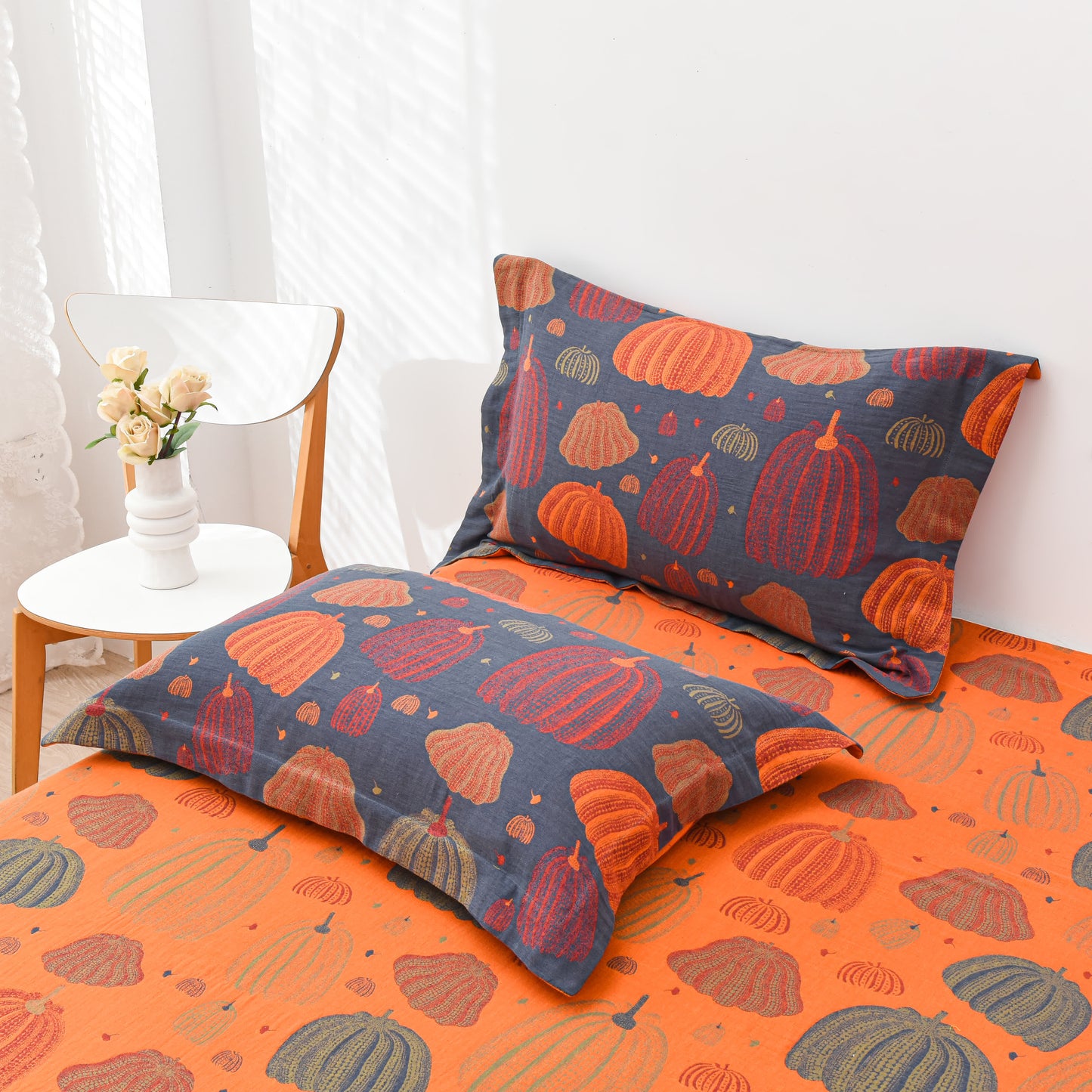 Set di biancheria da letto in garza di cotone color zucca (4 pezzi)