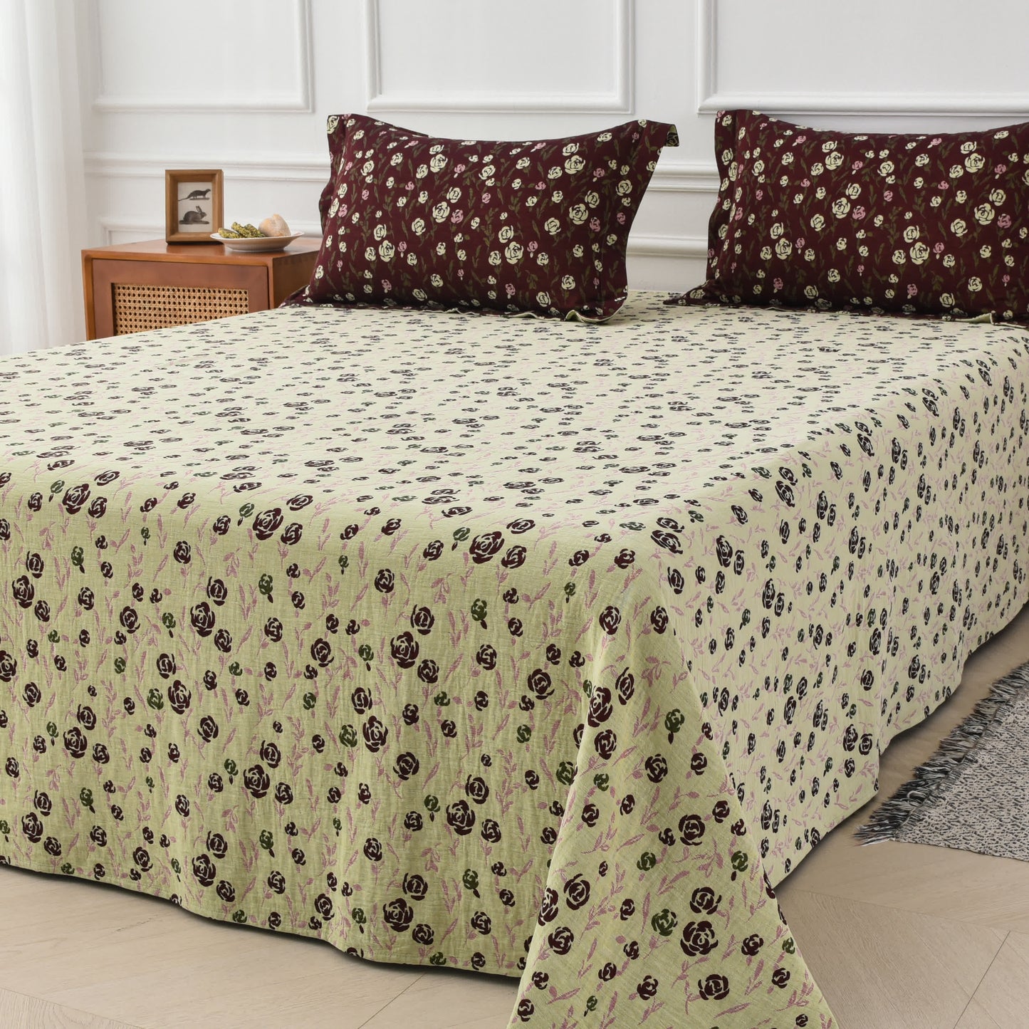 Set di biancheria da letto reversibile in garza di cotone con rose (4 pezzi)