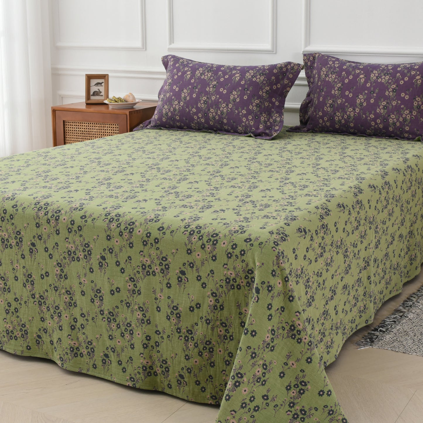 Set di biancheria da letto reversibile in garza di cotone con motivo floreale (4 pezzi)