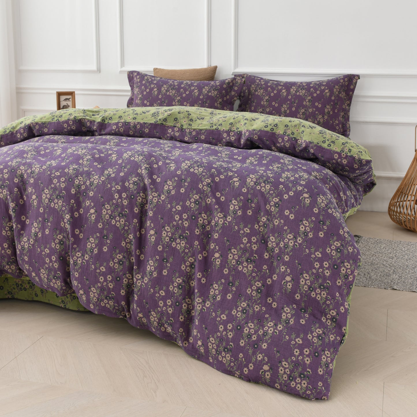 Set di biancheria da letto reversibile in garza di cotone con motivo floreale (4 pezzi)