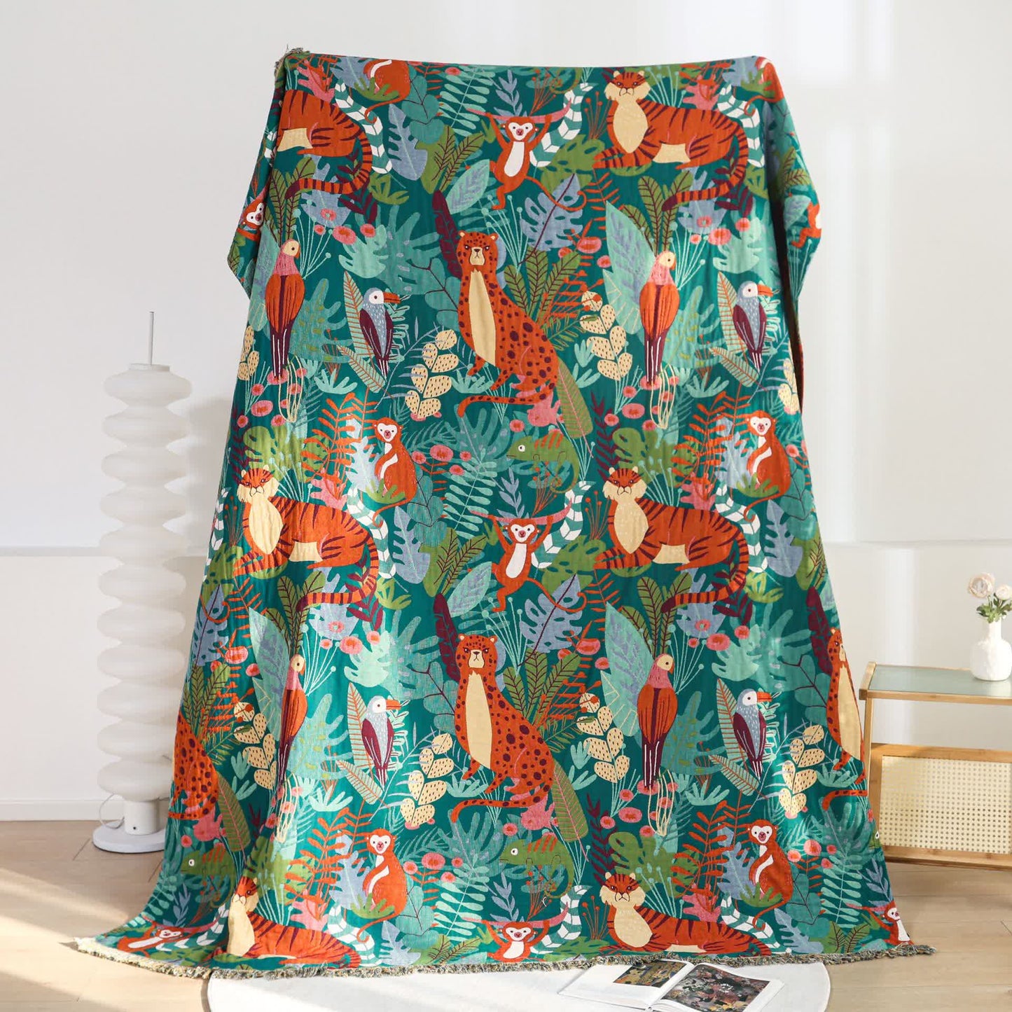 Coperta reversibile in garza di cotone con animali della foresta
