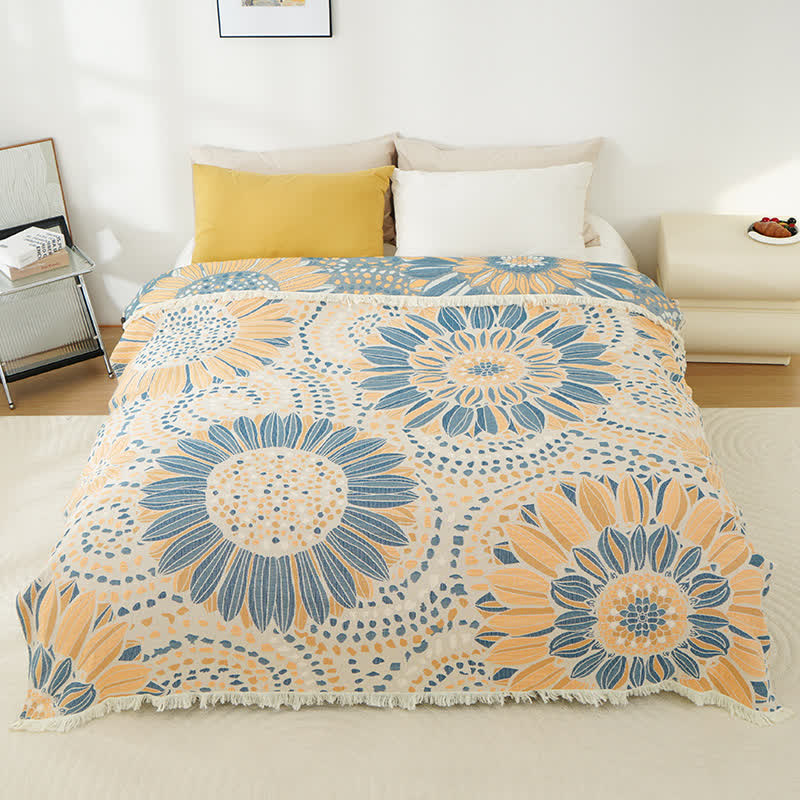 Coperta in garza di cotone con nappe, motivo: girasole in fiore