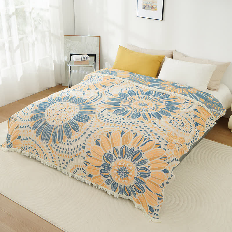 Coperta in garza di cotone con nappe, motivo: girasole in fiore