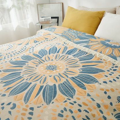 Coperta in garza di cotone con nappe, motivo: girasole in fiore