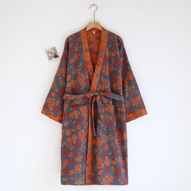 Accappatoio in garza di cotone con kimono floreale jacquard