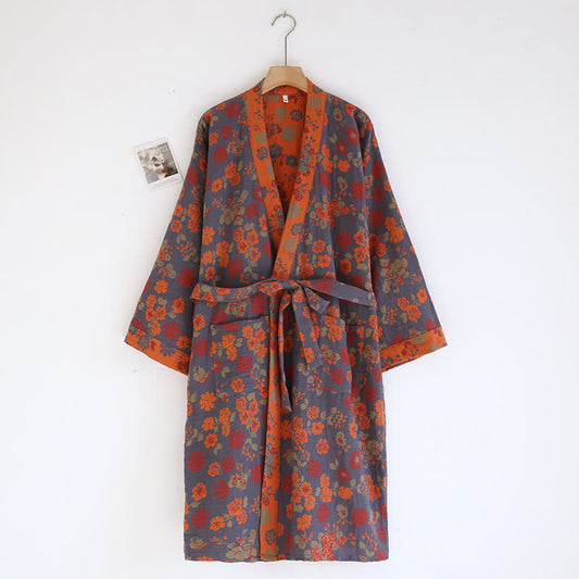 Accappatoio in garza di cotone con kimono floreale jacquard