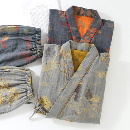 Pigiama in cotone con kimono con paesaggio neutro