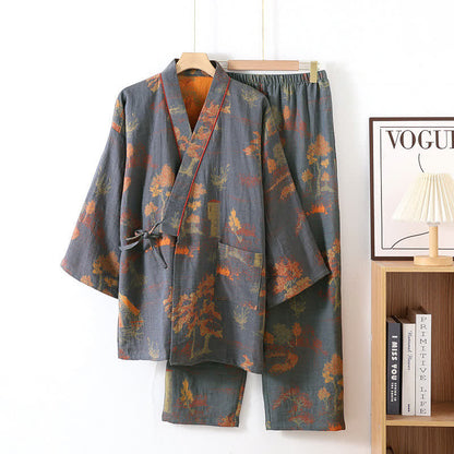 Pigiama in cotone con kimono con paesaggio neutro