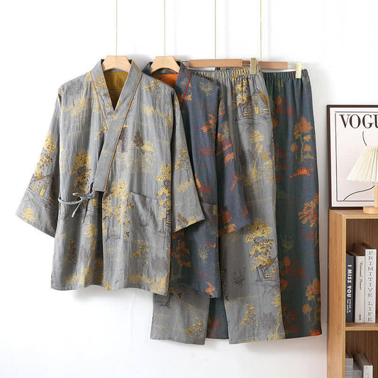 Pigiama in cotone con kimono con paesaggio neutro